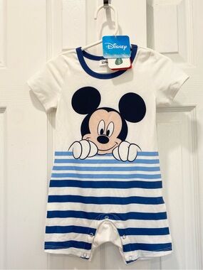 Disney White and Blue Mickey Mouse One-Piece Bodysuit, Size 9-12M, 12-18M